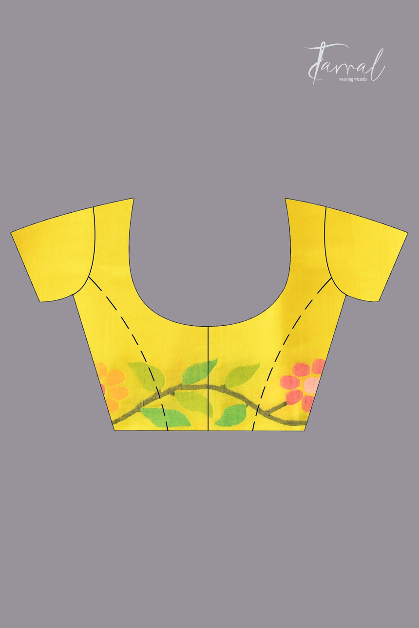 Yellow colour floral border handwoven muslin jamdani saree blouse