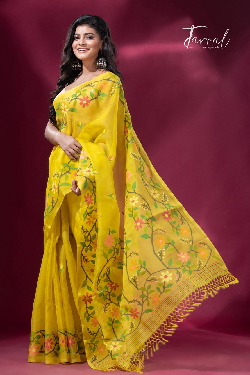 Yellow colour floral border handwoven muslin jamdani saree right