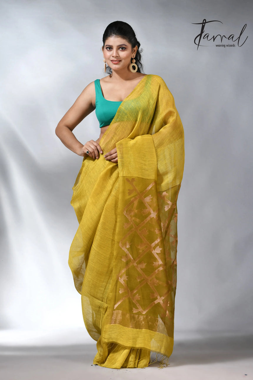 Yellow colour in box pallu silk linen handwoven jamdani saree