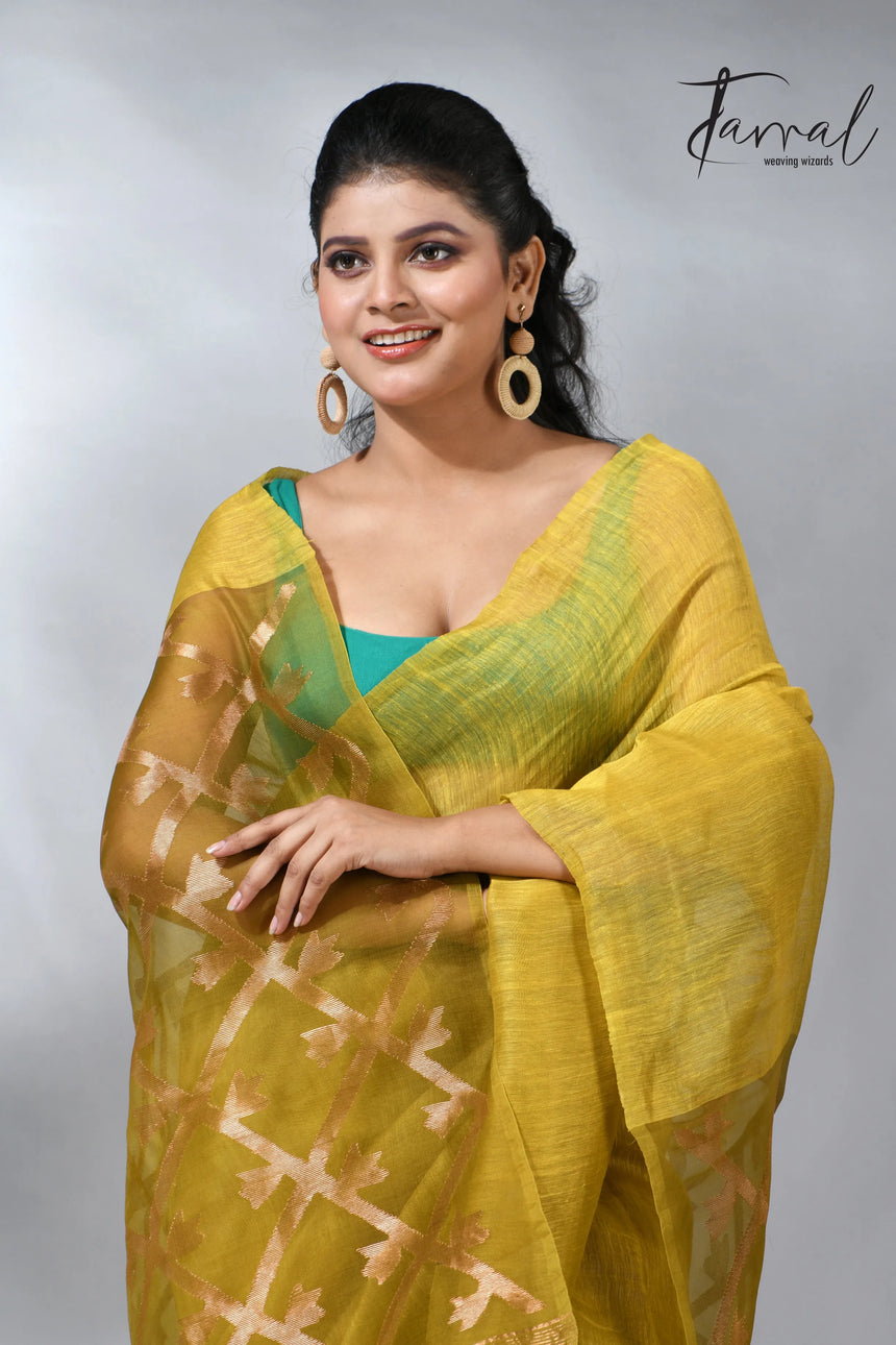 Yellow colour in box pallu silk linen handwoven jamdani saree