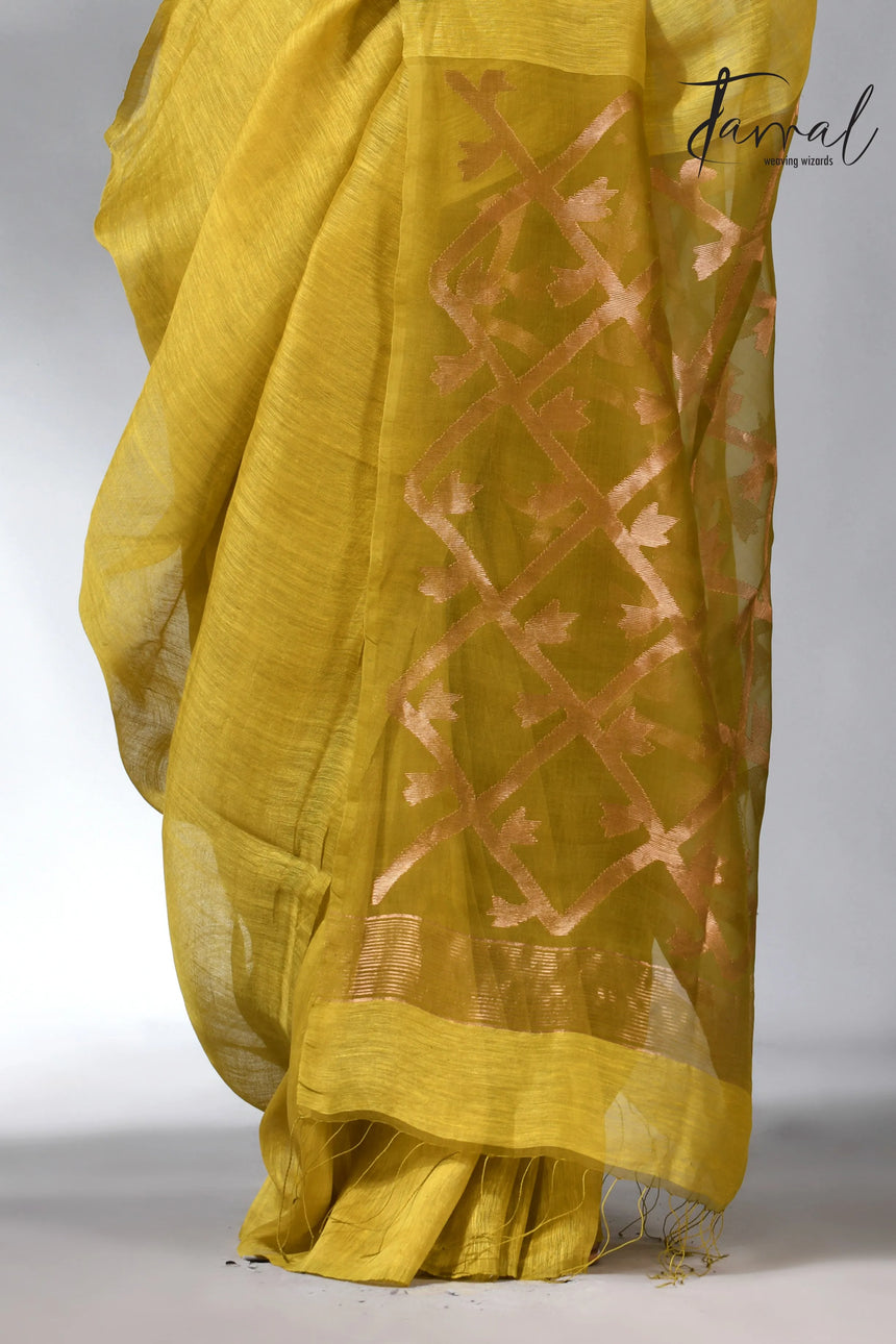 Yellow colour in box pallu silk linen handwoven jamdani saree