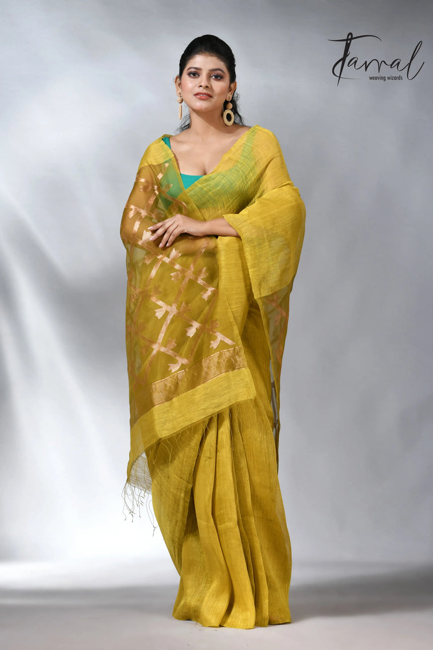 Yellow colour in box pallu silk linen handwoven jamdani saree