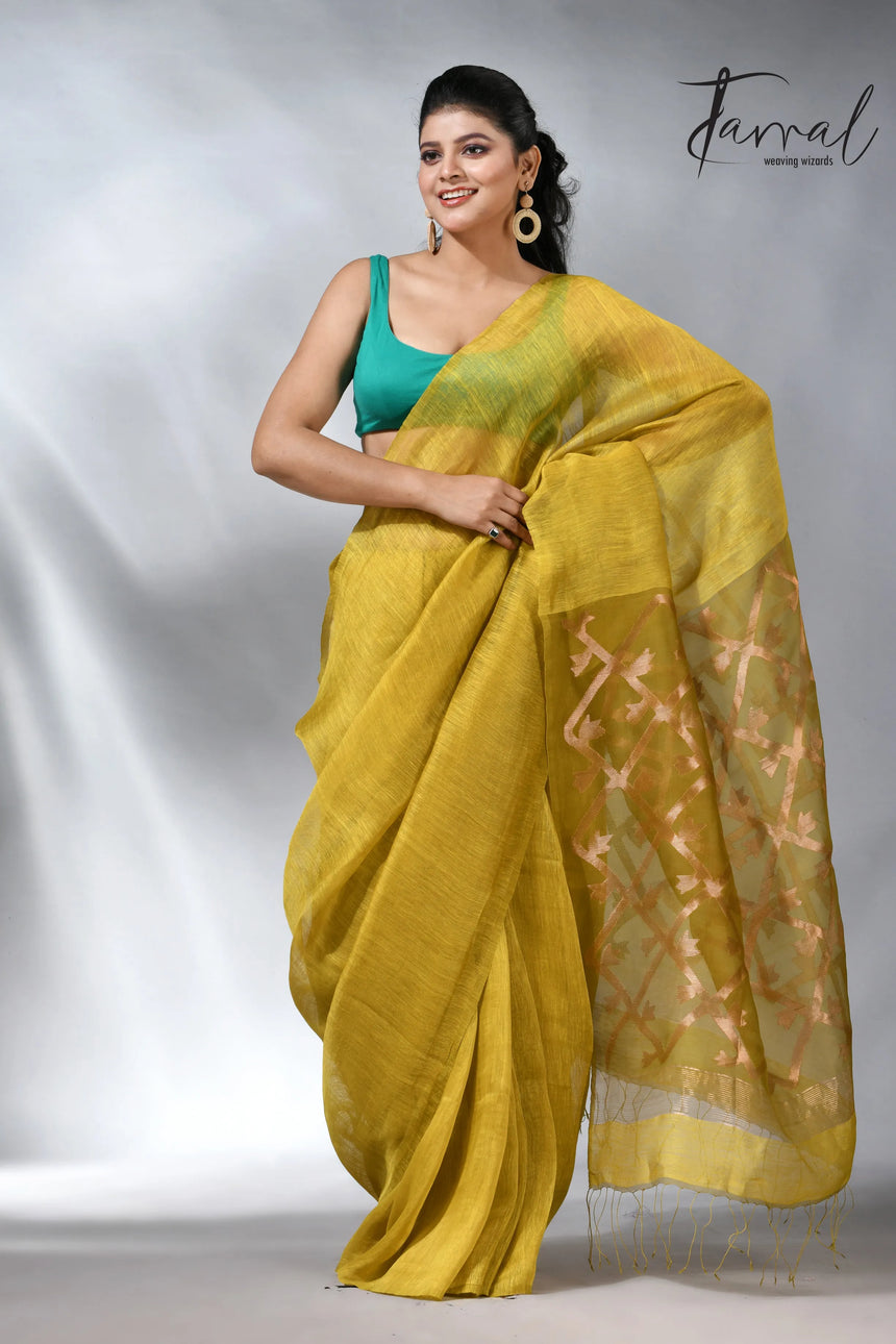 Yellow colour in box pallu silk linen handwoven jamdani saree