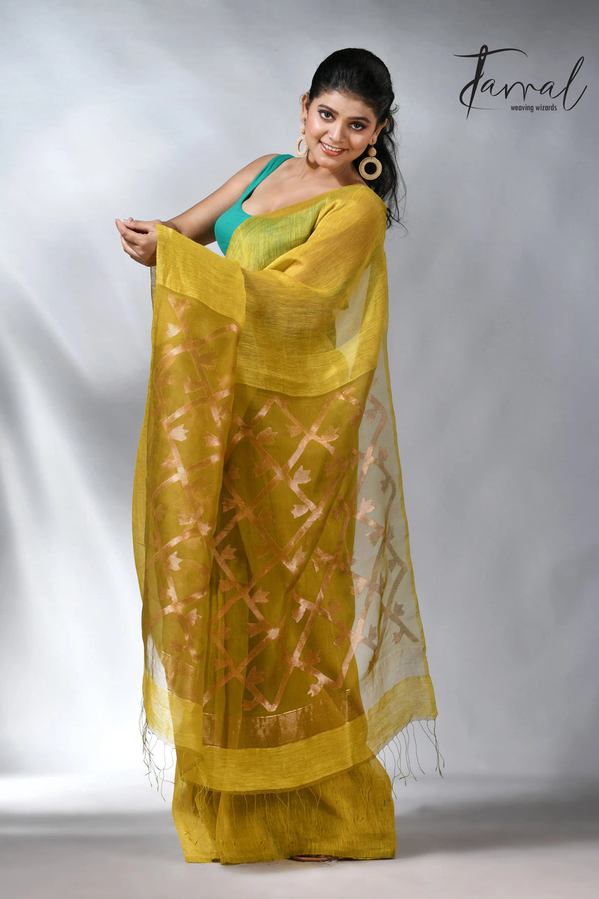 Yellow colour in box pallu silk linen handwoven jamdani saree
