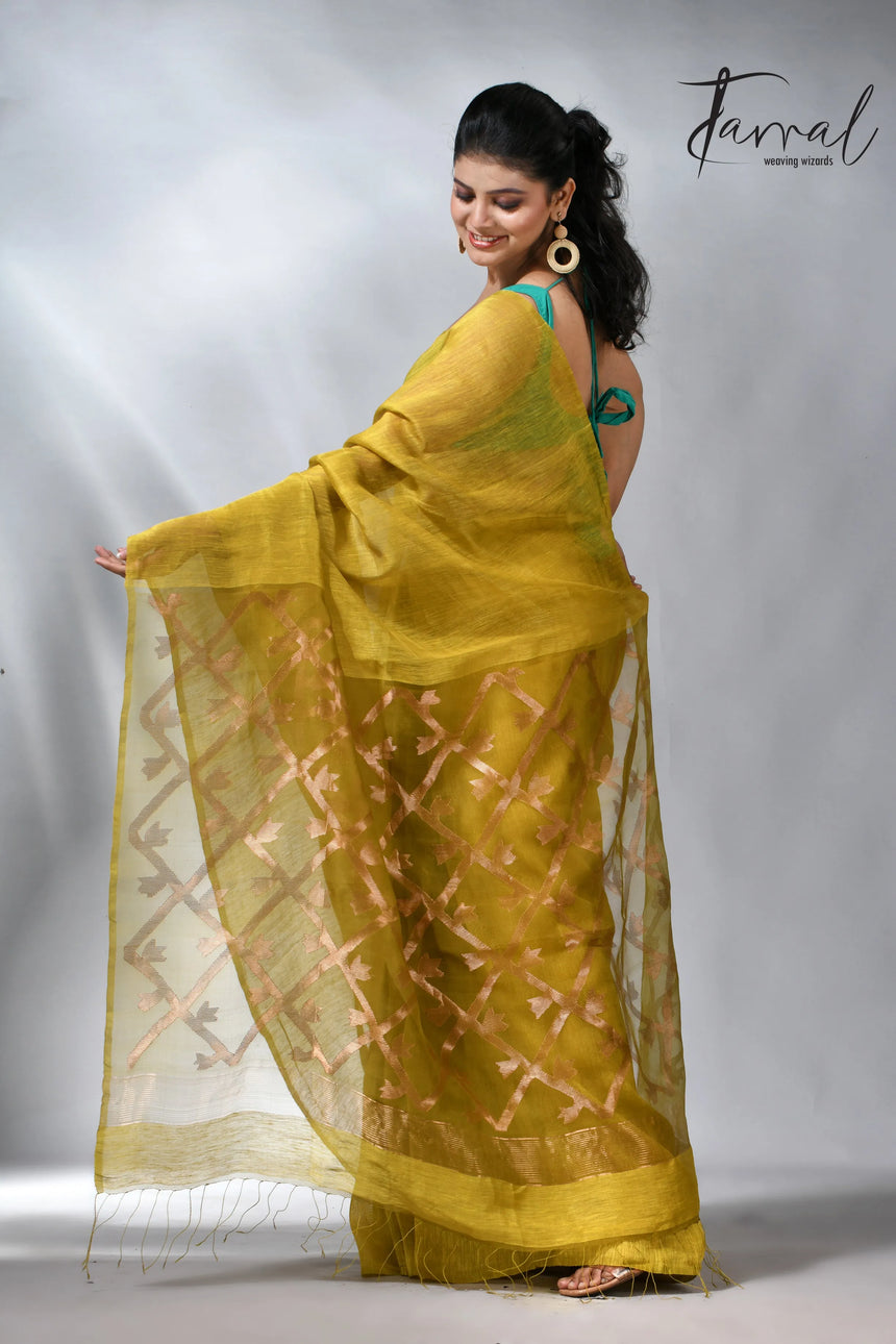 Yellow colour in box pallu silk linen handwoven jamdani saree
