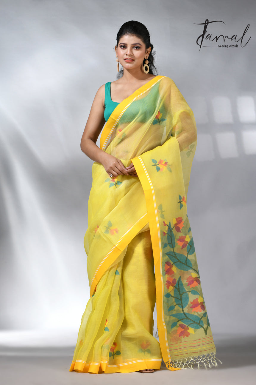 Yellow colour muslin silk floral handwoven jamdani saree
