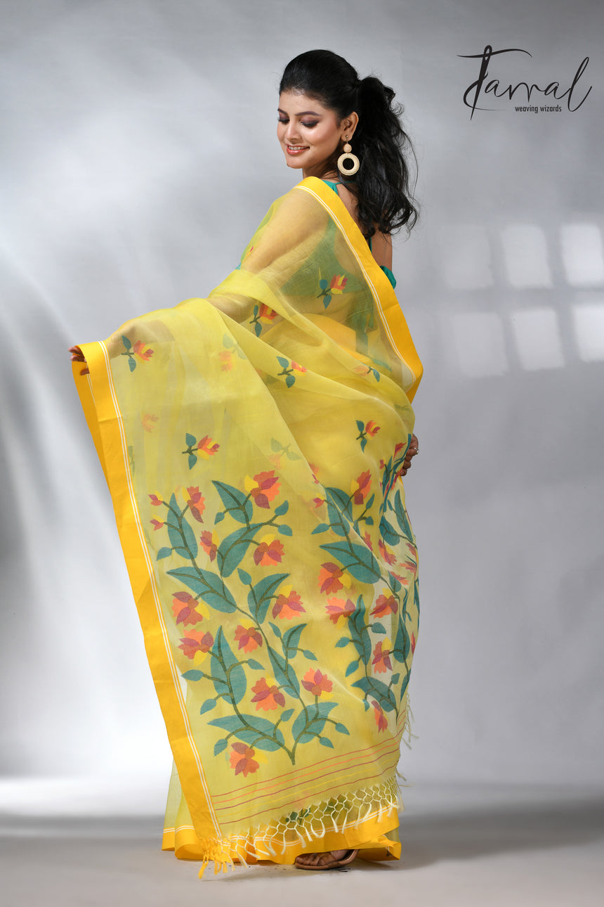 Yellow colour muslin silk floral handwoven jamdani saree