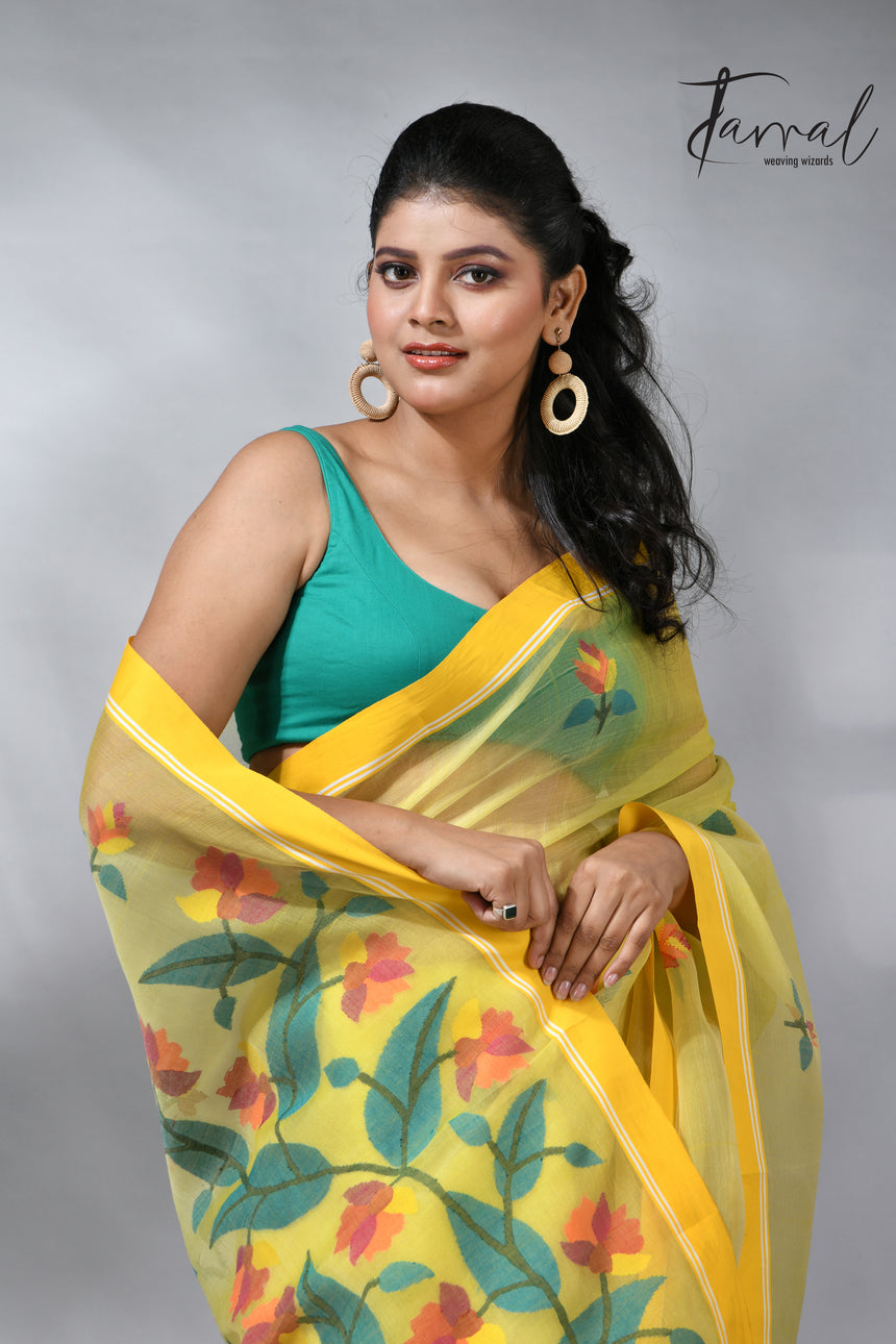 Yellow colour muslin silk floral handwoven jamdani saree