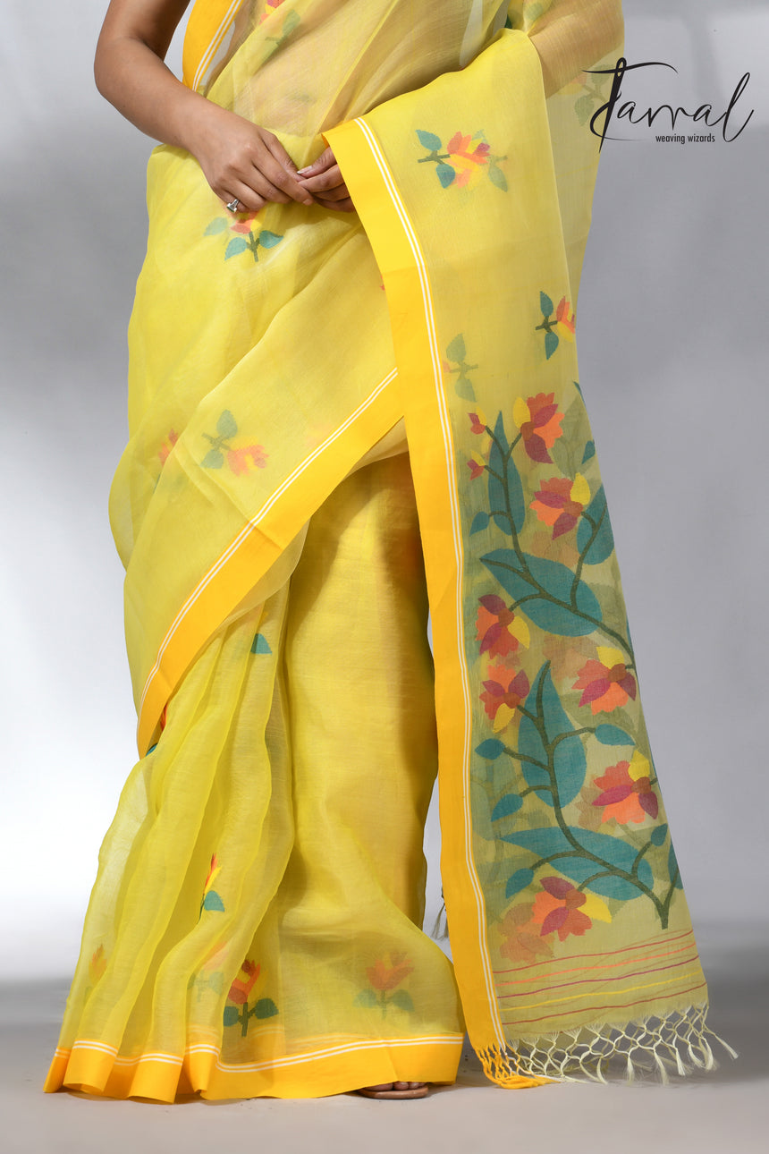 Yellow colour muslin silk floral handwoven jamdani saree