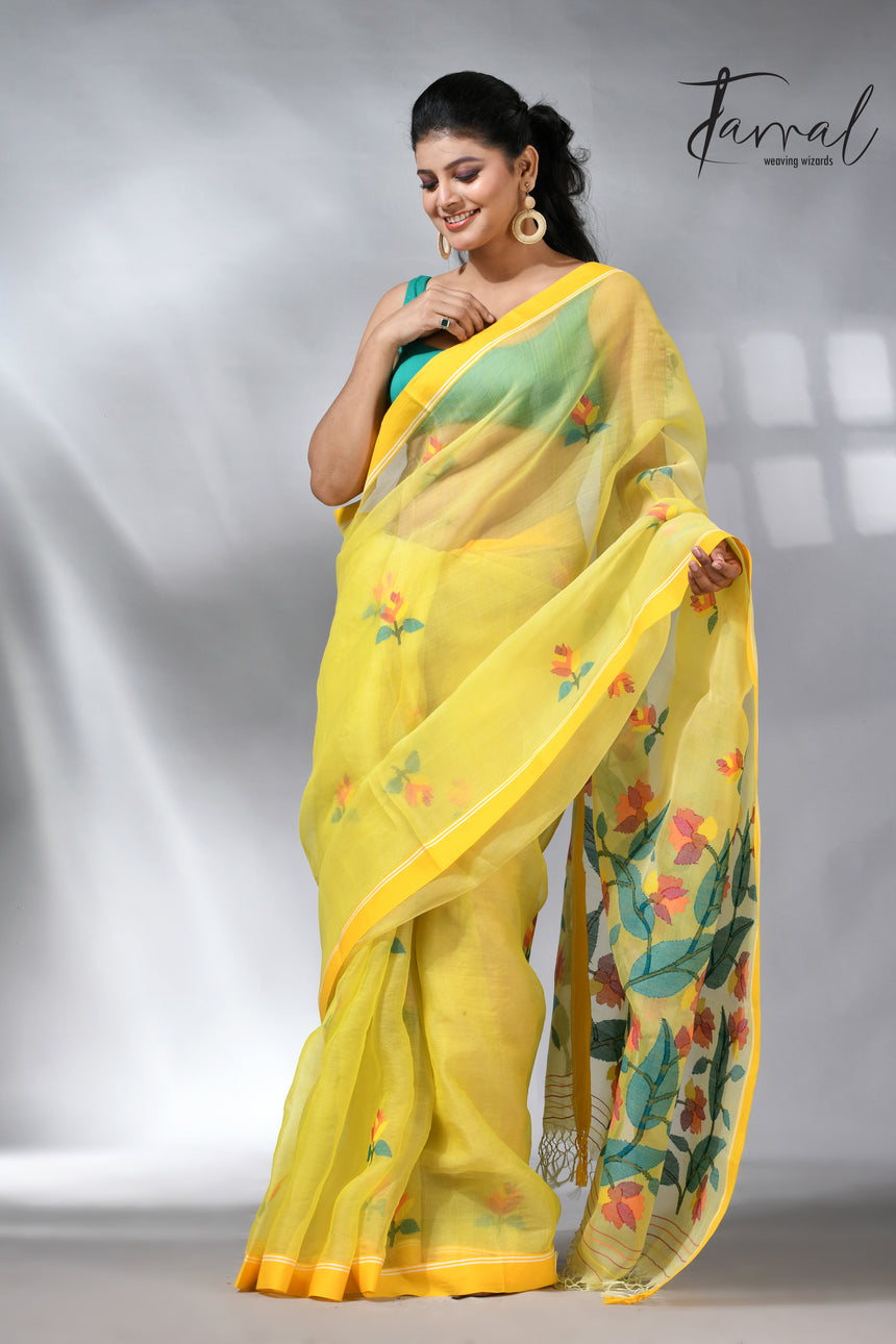 Yellow colour muslin silk floral handwoven jamdani saree