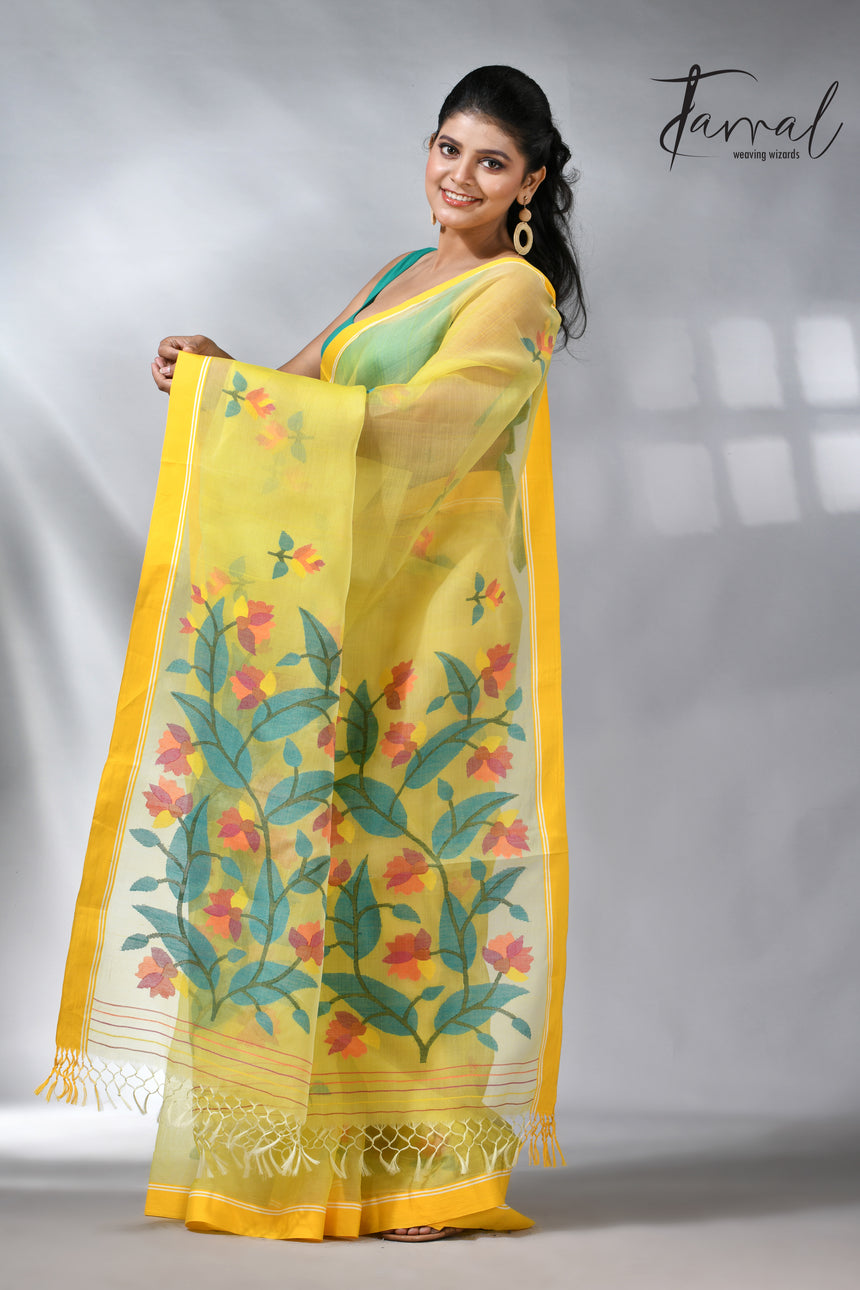 Yellow colour muslin silk floral handwoven jamdani saree