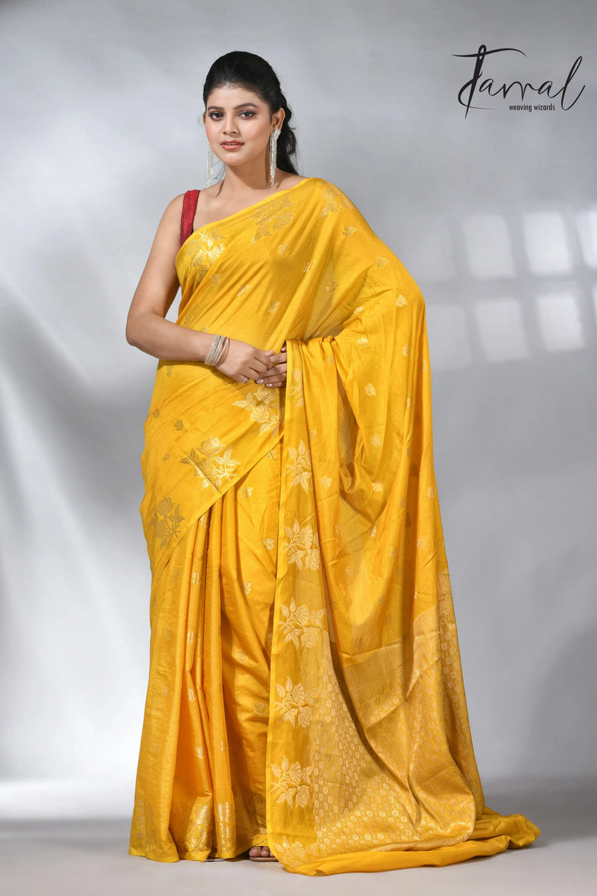 Yellow colour saree in benarasi silk handloom jamdani piece