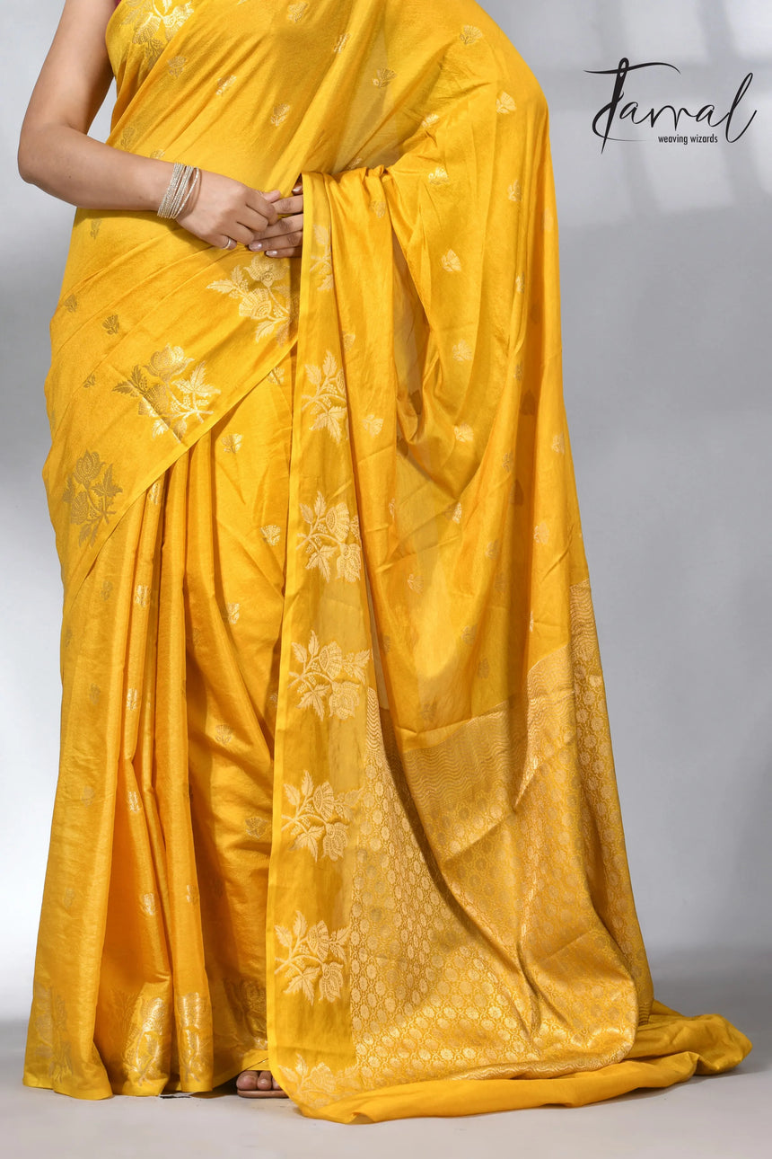 Yellow colour saree in benarasi silk handloom jamdani piece