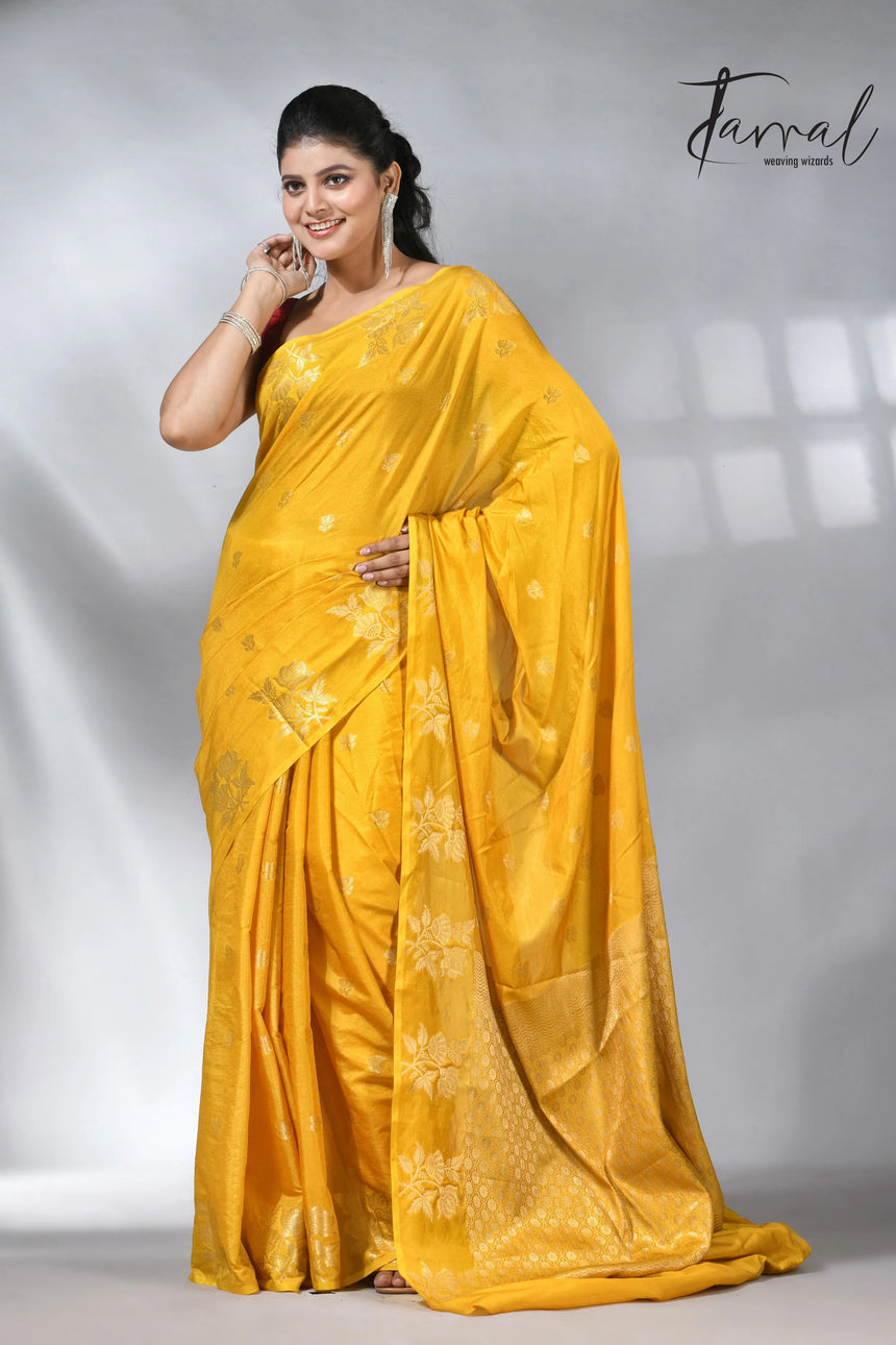 Yellow colour saree in benarasi silk handloom jamdani piece