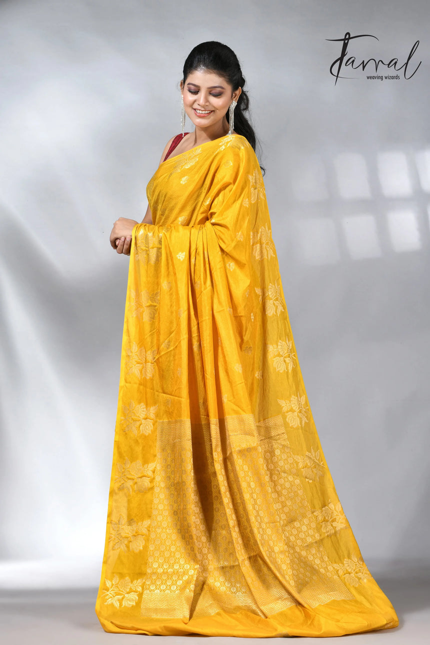 Yellow colour saree in benarasi silk handloom jamdani piece