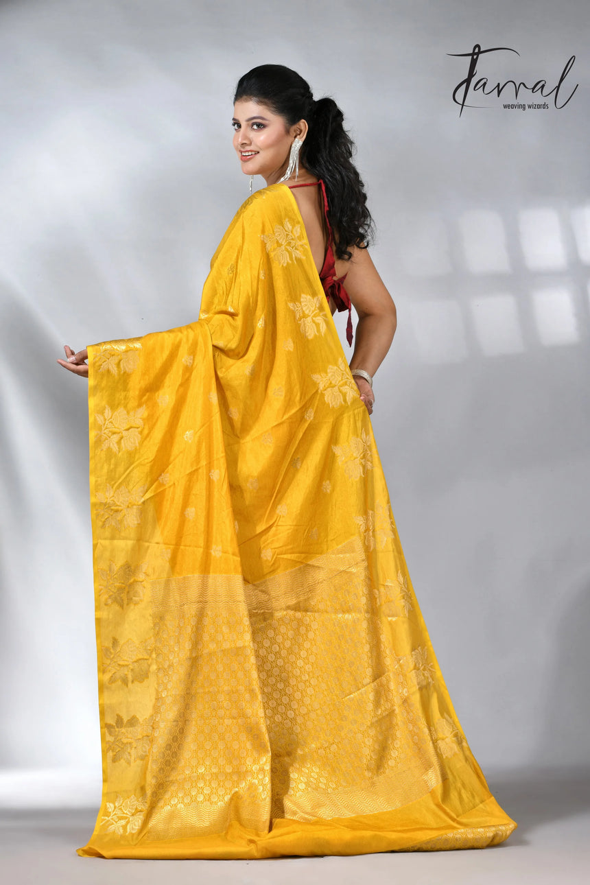 Yellow colour saree in benarasi silk handloom jamdani piece