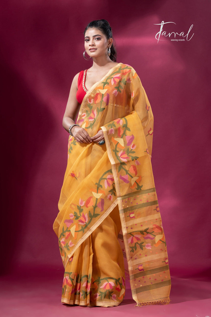 Yellow with multi colour kalmilata floral handwoven muslin silk jamdani saree - Tamal Boutique