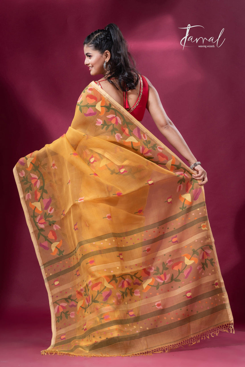 Yellow with multi colour kalmilata floral handwoven muslin silk jamdani saree - Tamal Boutique