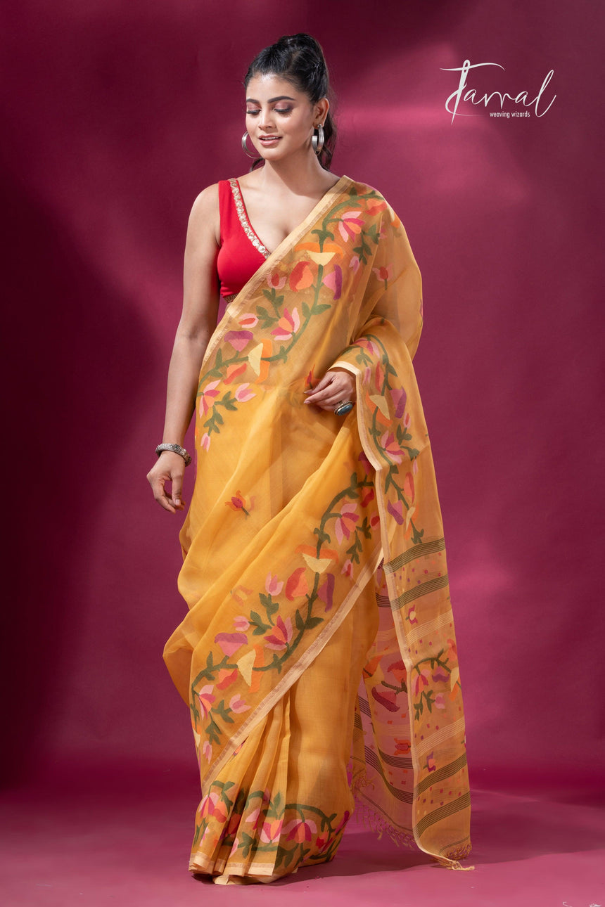 Yellow with multi colour kalmilata floral handwoven muslin silk jamdani saree - Tamal Boutique