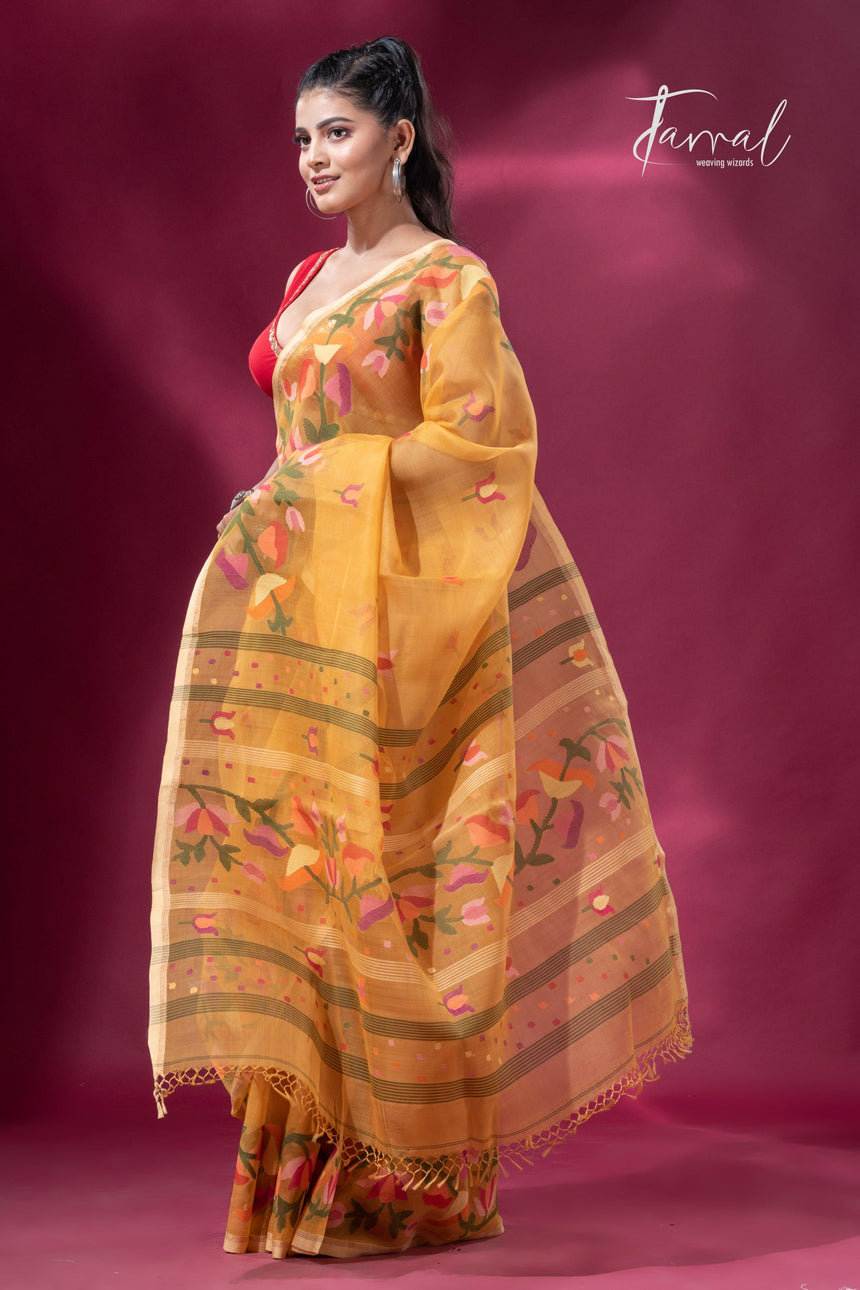 Yellow with multi colour kalmilata floral handwoven muslin silk jamdani saree - Tamal Boutique