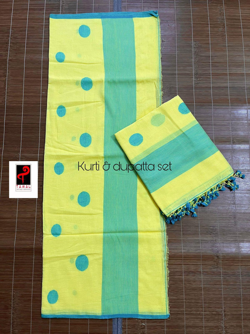 Yellow with sea green colour palka dot cotton handwoven jamadani kurti & dupatta set - Tamal Boutique