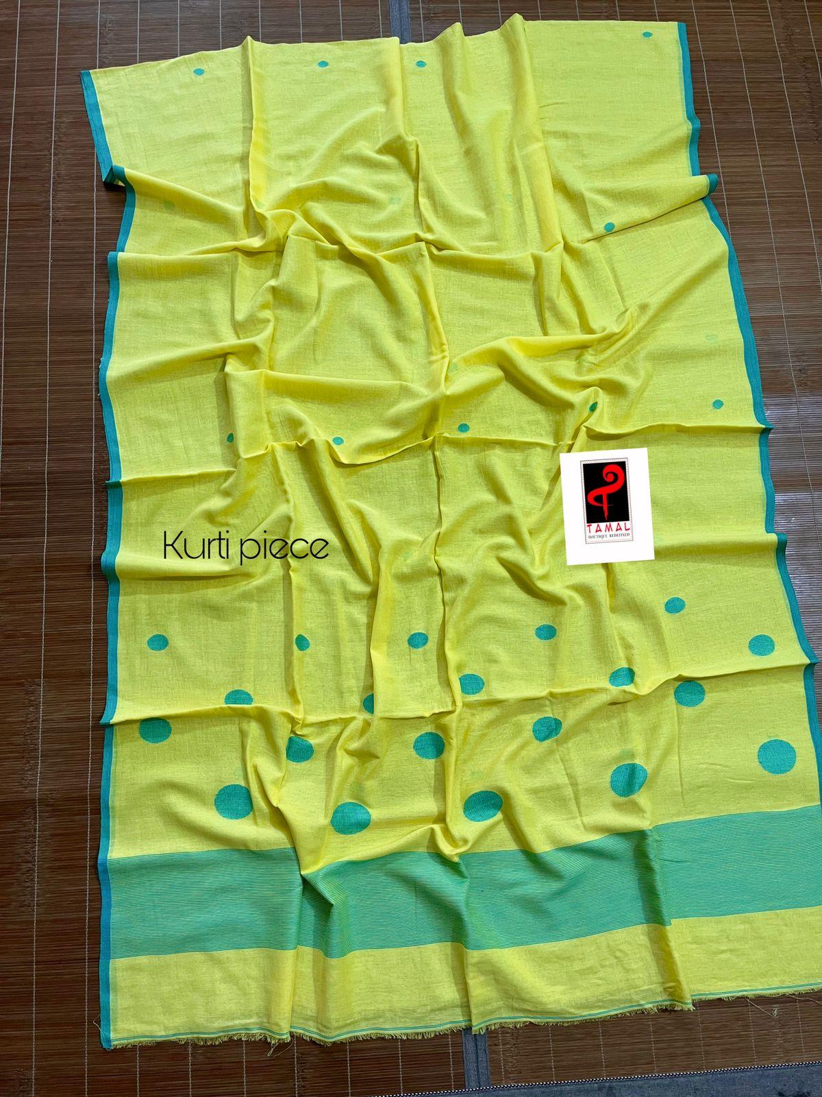 Yellow with sea green colour palka dot cotton handwoven jamadani kurti & dupatta set - Tamal Boutique