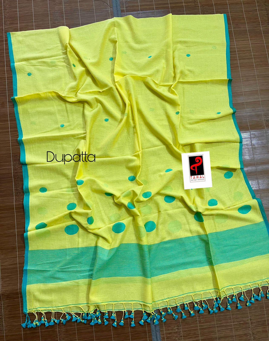 Yellow with sea green colour palka dot cotton handwoven jamadani kurti & dupatta set - Tamal Boutique