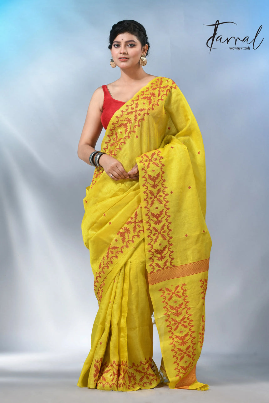 Yellow with Red colour Dhakai tusser handwoven jamdani saree