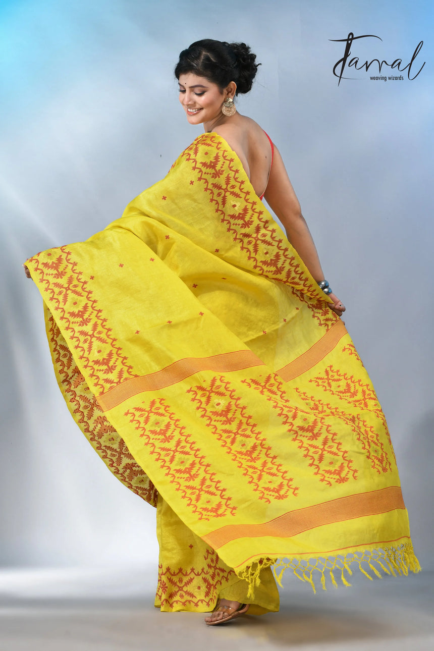 Yellow with Red colour Dhakai tusser handwoven jamdani saree