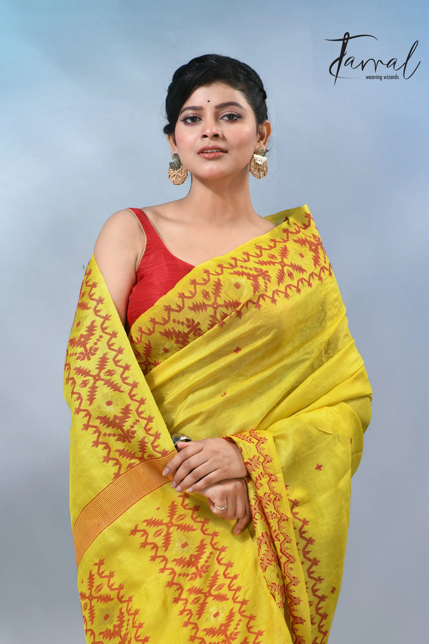 Yellow with Red colour Dhakai tusser handwoven jamdani saree