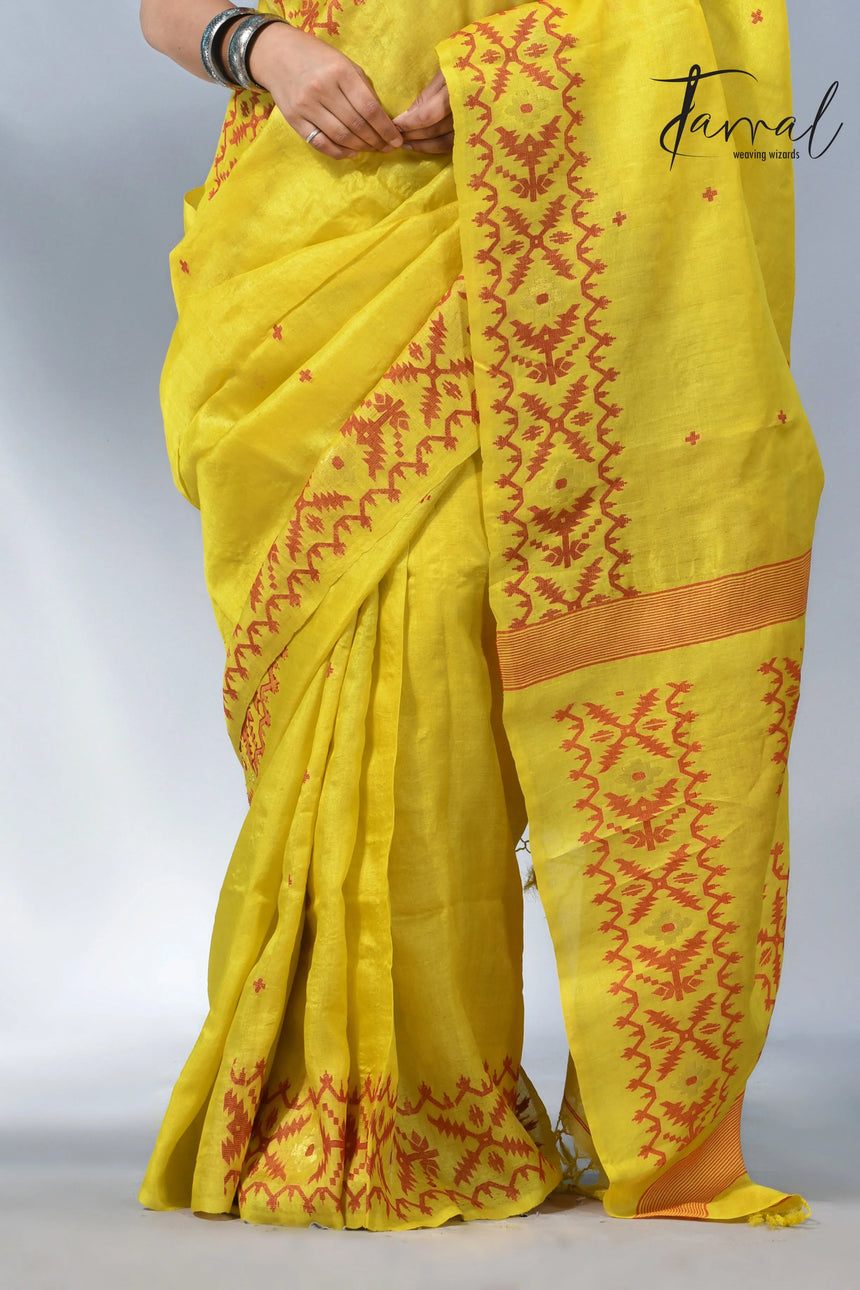 Yellow with Red colour Dhakai tusser handwoven jamdani saree