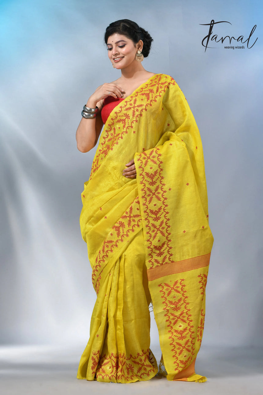 Yellow with Red colour Dhakai tusser handwoven jamdani saree