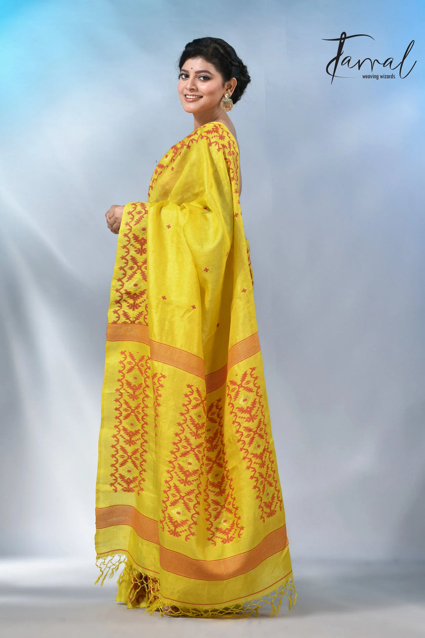 Yellow with Red colour Dhakai tusser handwoven jamdani saree