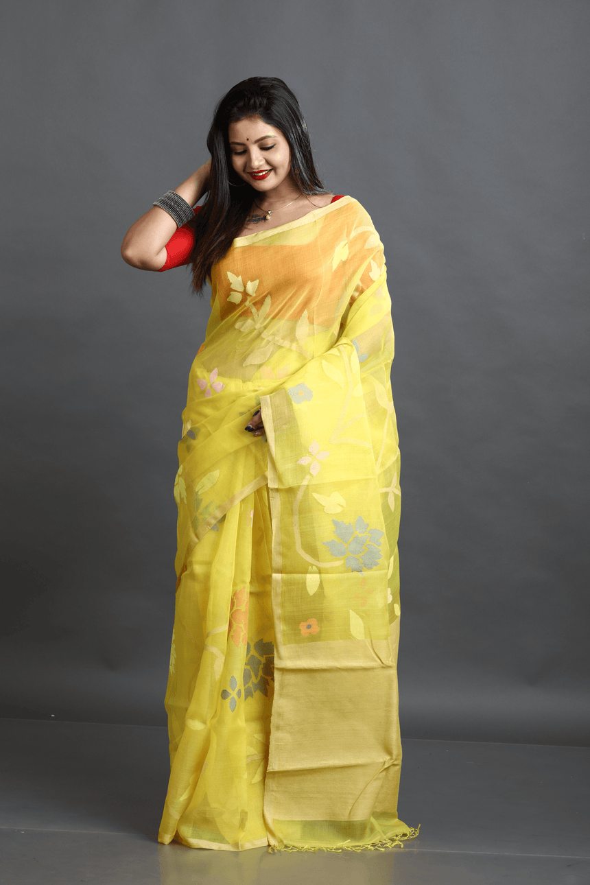 Yellow with Multicolour allover floral motifs handwoven muslin silk jamdani saree - Tamal Boutique