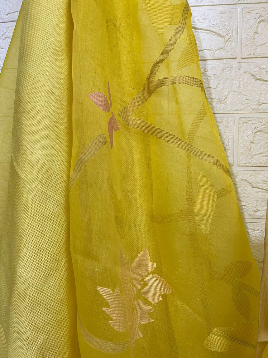 Yellow with Multicolour allover floral motifs handwoven muslin silk jamdani saree - Tamal Boutique