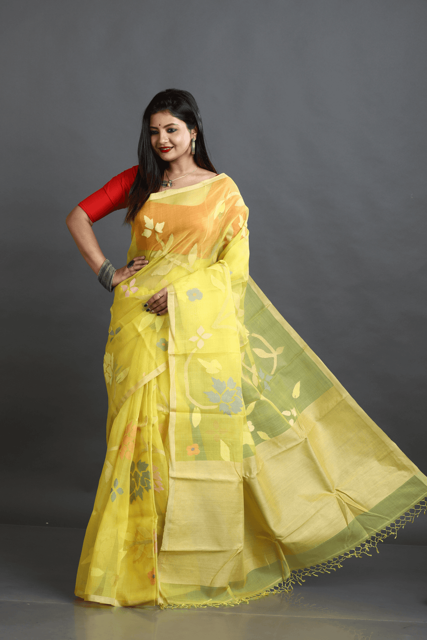 Yellow with Multicolour allover floral motifs handwoven muslin silk jamdani saree - Tamal Boutique
