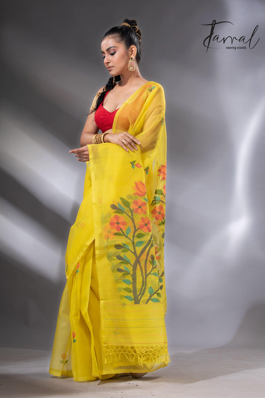 Yellow with floral pallu muslin silk handwoven jamdani saree