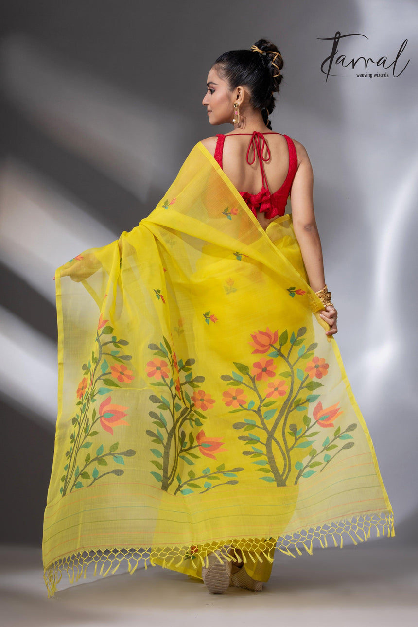 Yellow with floral pallu muslin silk handwoven jamdani saree back