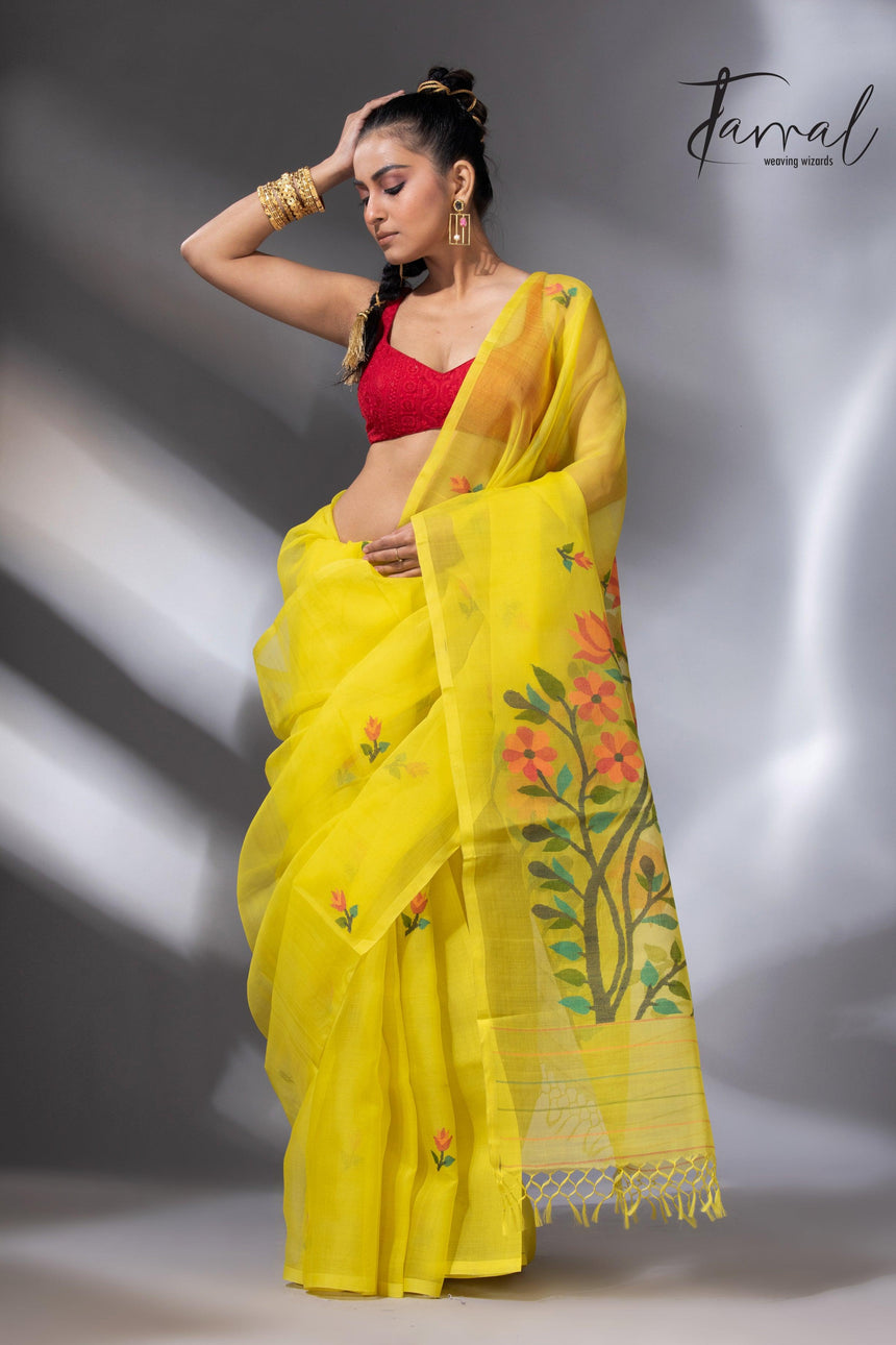 Yellow with floral pallu muslin silk handwoven jamdani saree full