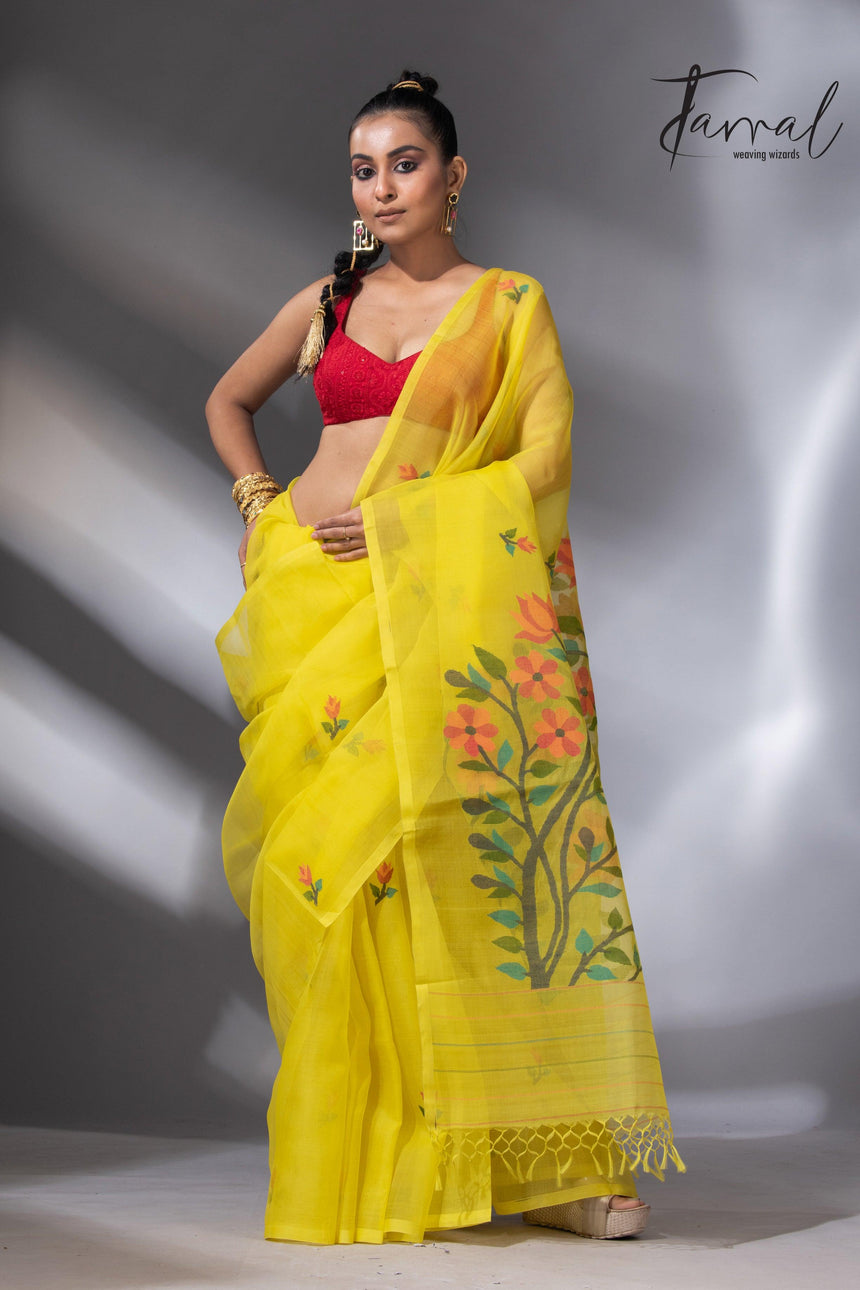 Yellow with floral pallu muslin silk handwoven jamdani saree full2