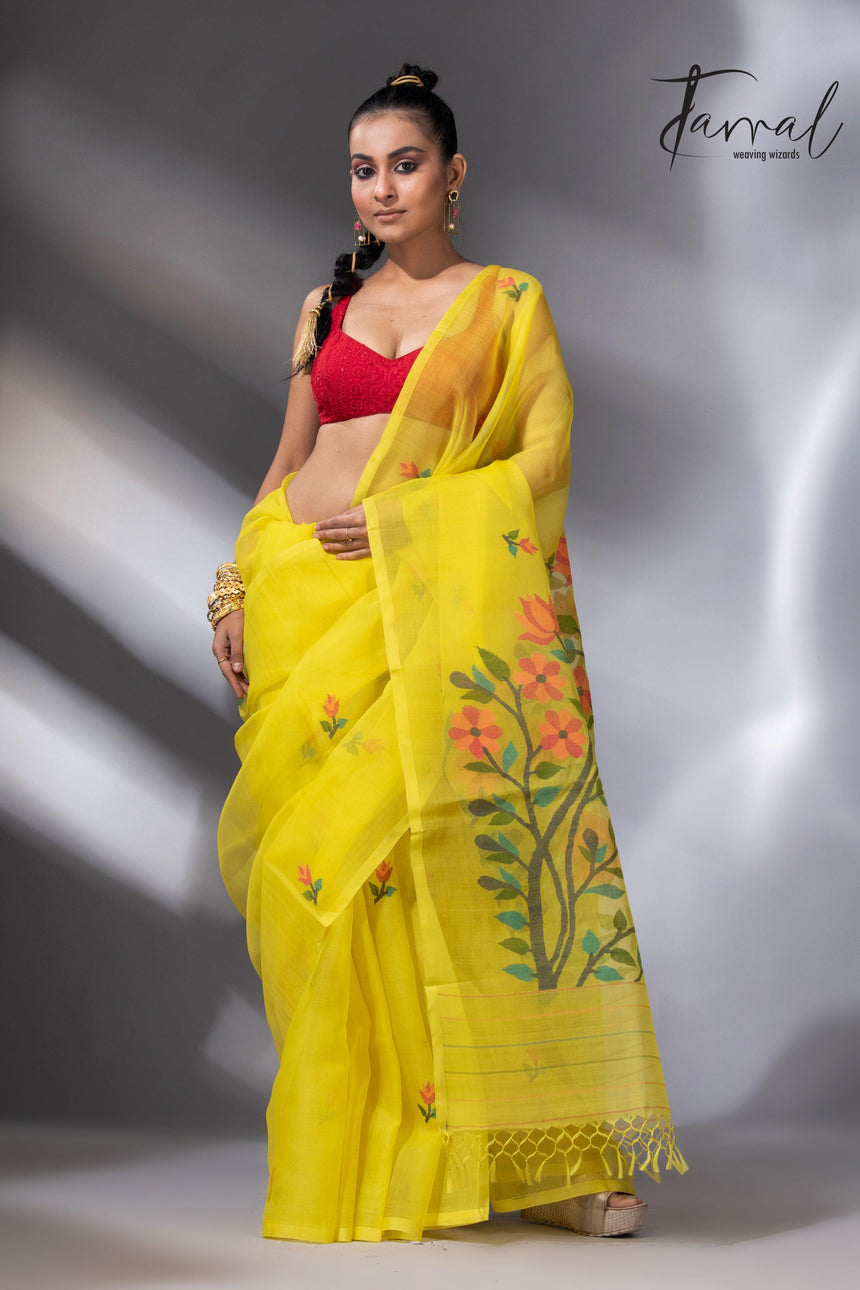 Yellow with floral pallu muslin silk handwoven jamdani saree full3
