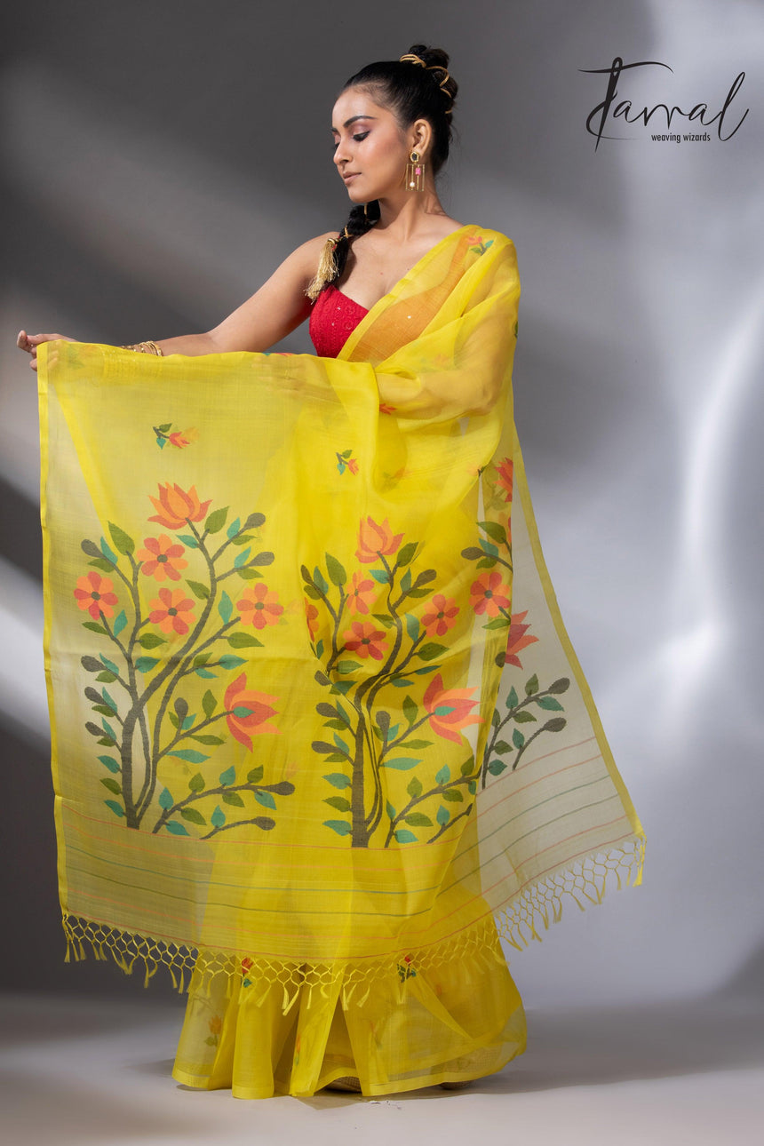 Yellow with floral pallu muslin silk handwoven jamdani saree full4