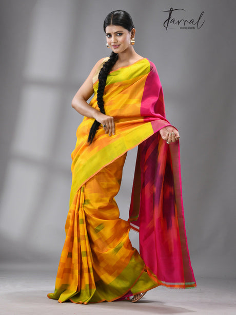 Yellow with green border Bishnupuri katki Katan Silk saree