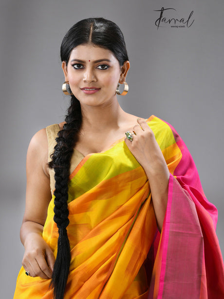 Yellow with green border Bishnupuri katki Katan Silk saree