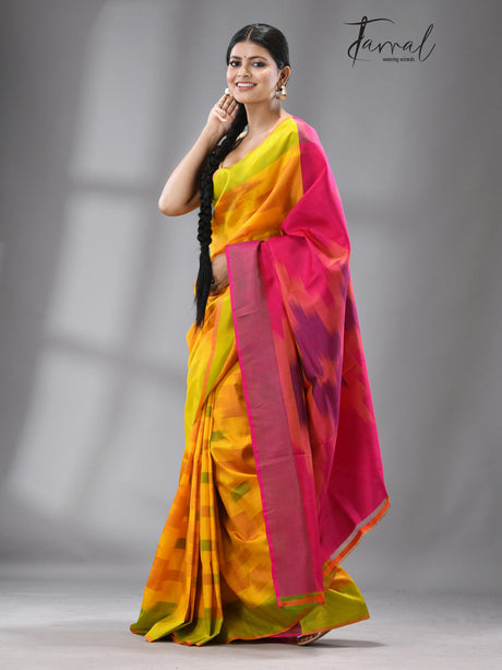 Yellow with green border Bishnupuri katki Katan Silk saree