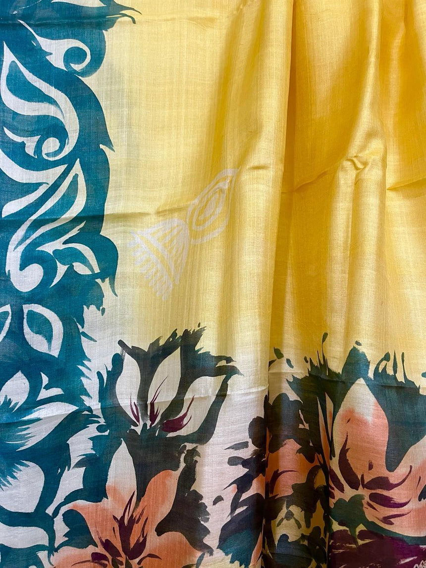 Yellow with other colour shiva parbati hand painted tusser silk saree - Tamal Boutique