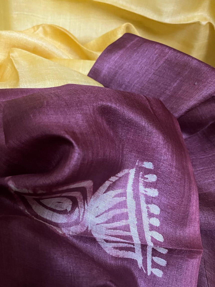 Yellow with other colour shiva parbati hand painted tusser silk saree - Tamal Boutique