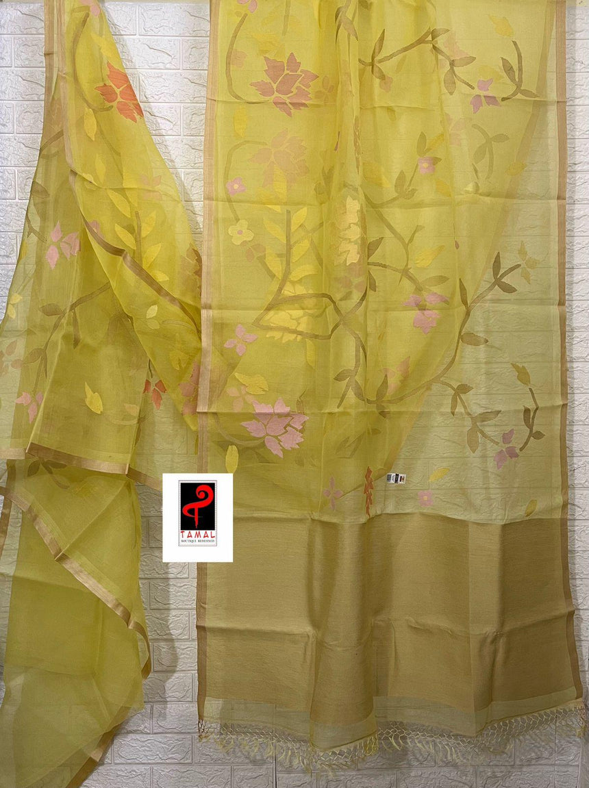 Yellow with tusser border allover floral handwoven jamdani saree in muslin silk - Tamal Boutique
