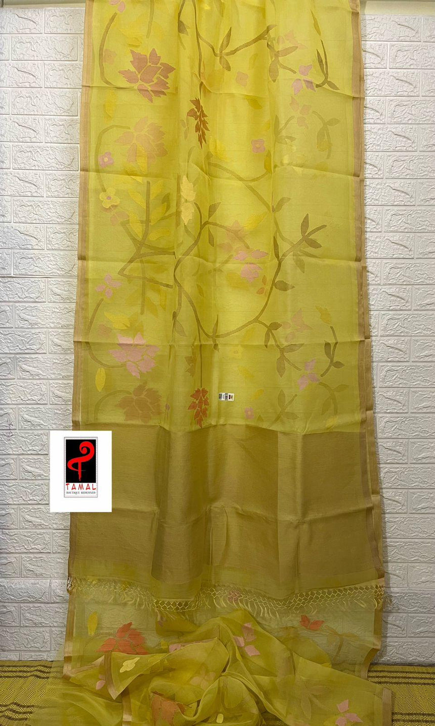 Yellow with tusser border allover floral handwoven jamdani saree in muslin silk - Tamal Boutique