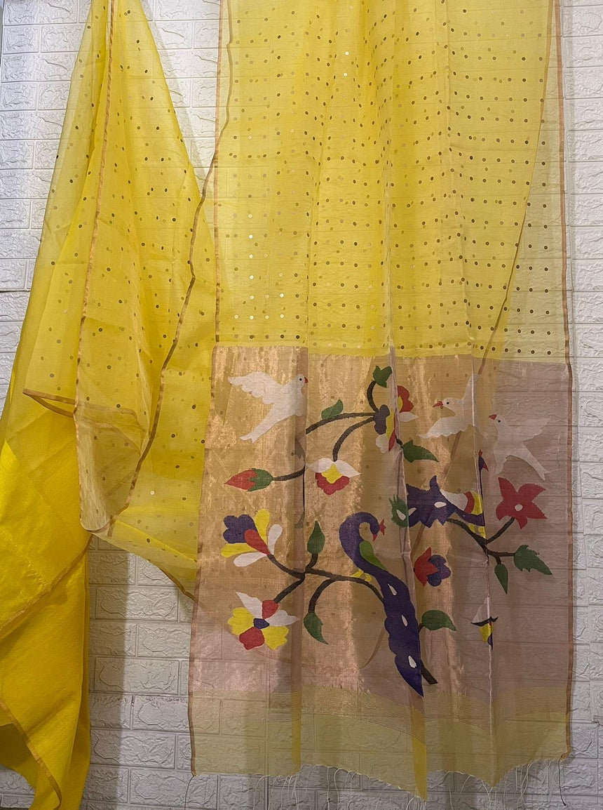 Yellow with zari border paithani sequins handwoven organza silk saree - Tamal Boutique